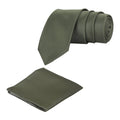 An olive green solid necktie with a matching pocket square, both laid out on a white background.