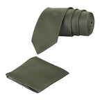 An olive green solid necktie with a matching pocket square, both laid out on a white background.