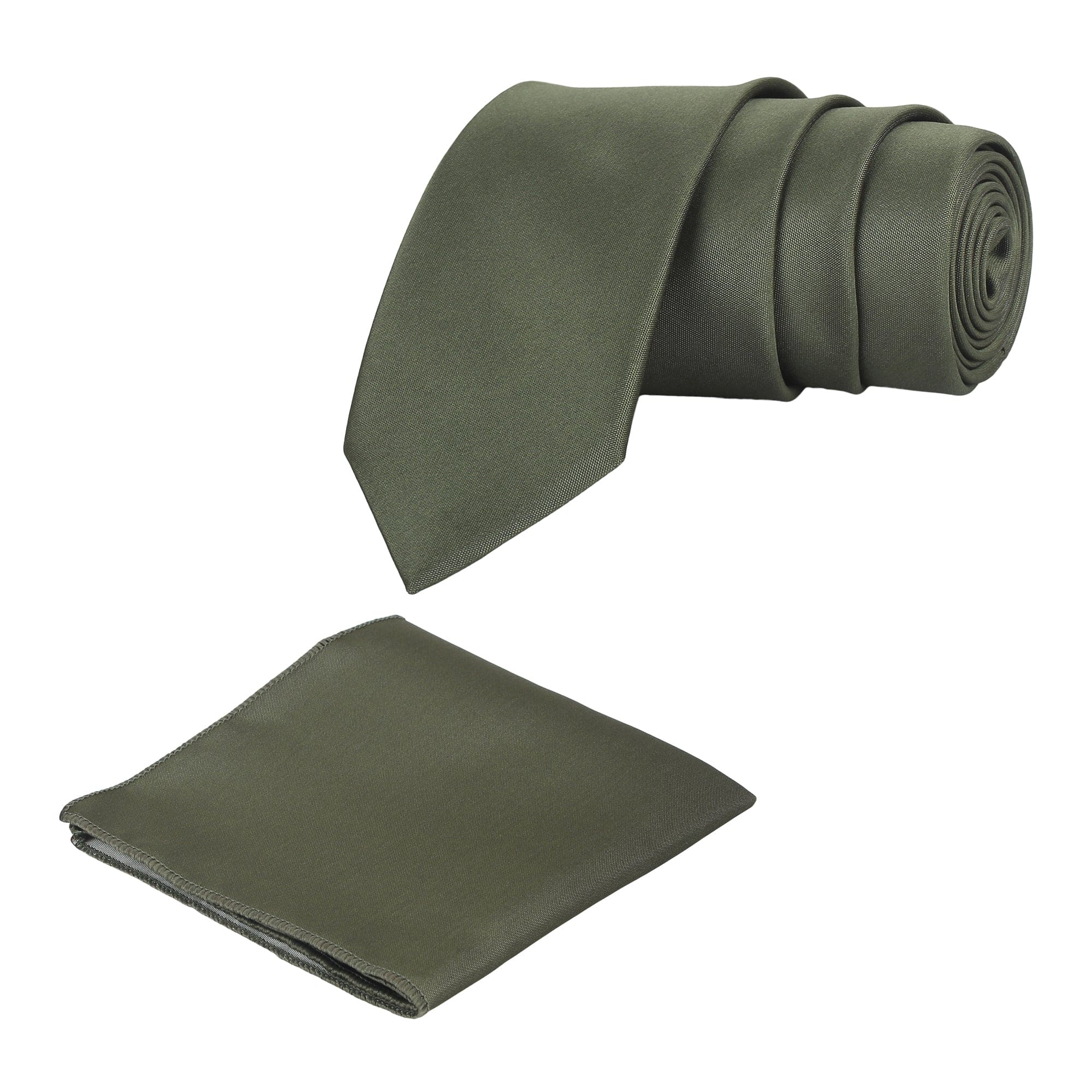 An olive green solid necktie with a matching pocket square, both laid out on a white background.