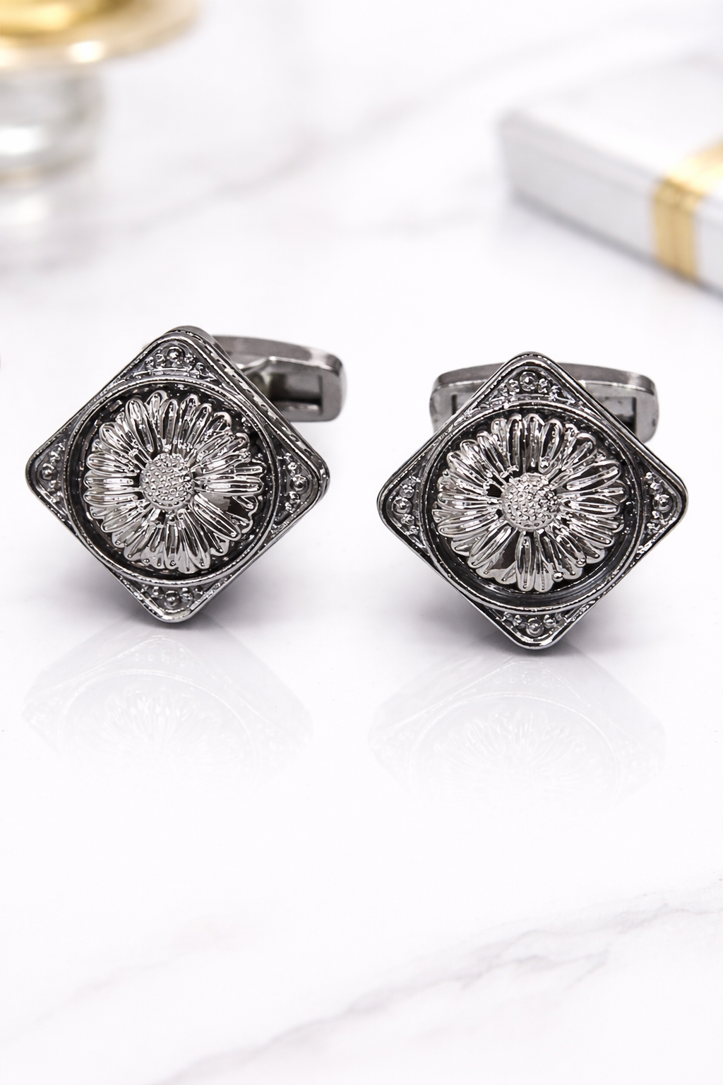 Silver Floral Square Cufflinks for Men
