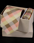 Plaid tie and pocket square set in a box on a black background Tie Benon