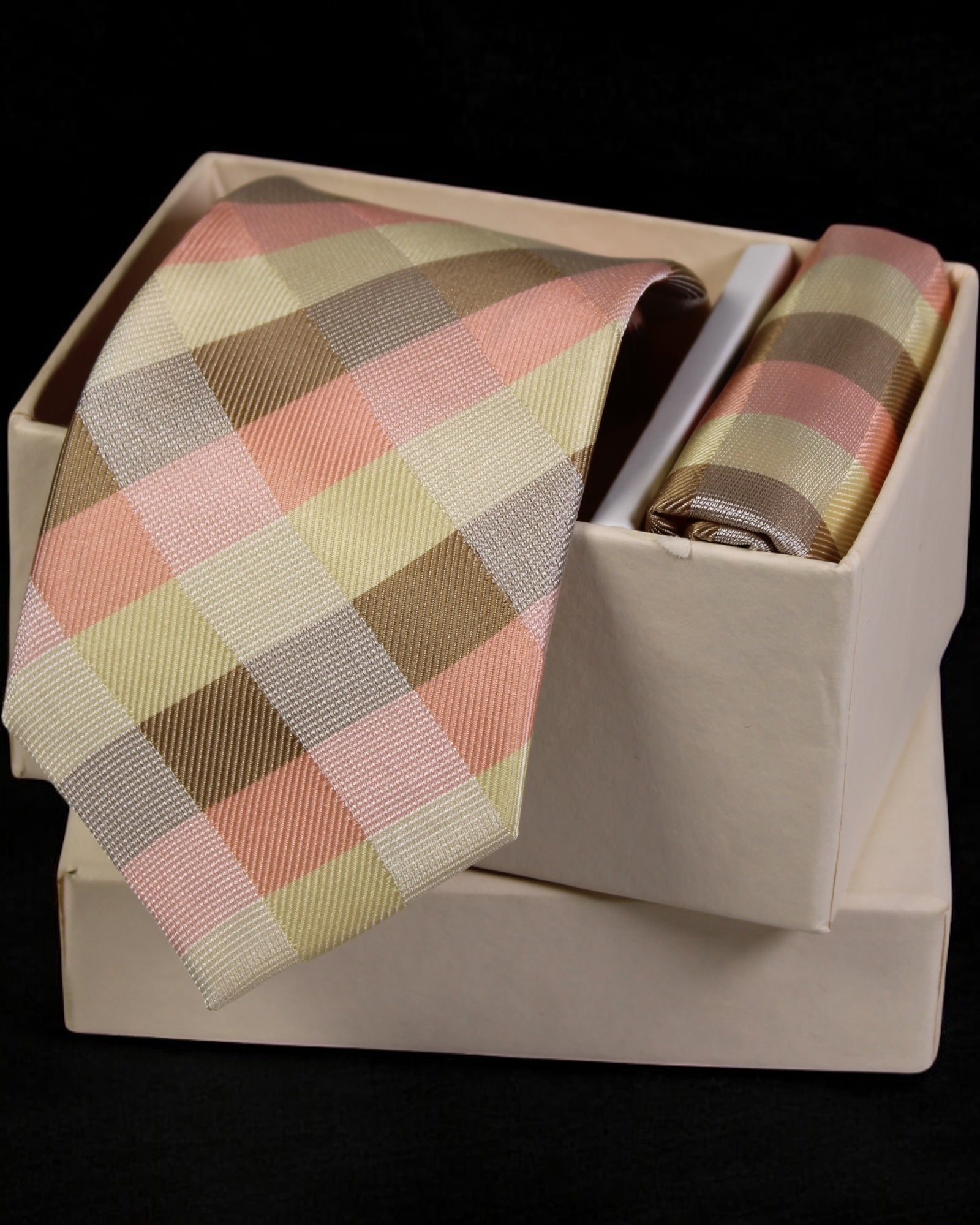 Plaid tie and pocket square set in a box on a black background Tie Benon