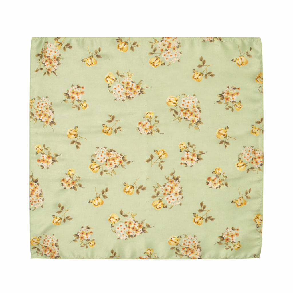 Sage Green And Yellow Floral Printed Scarf With Pocket Square