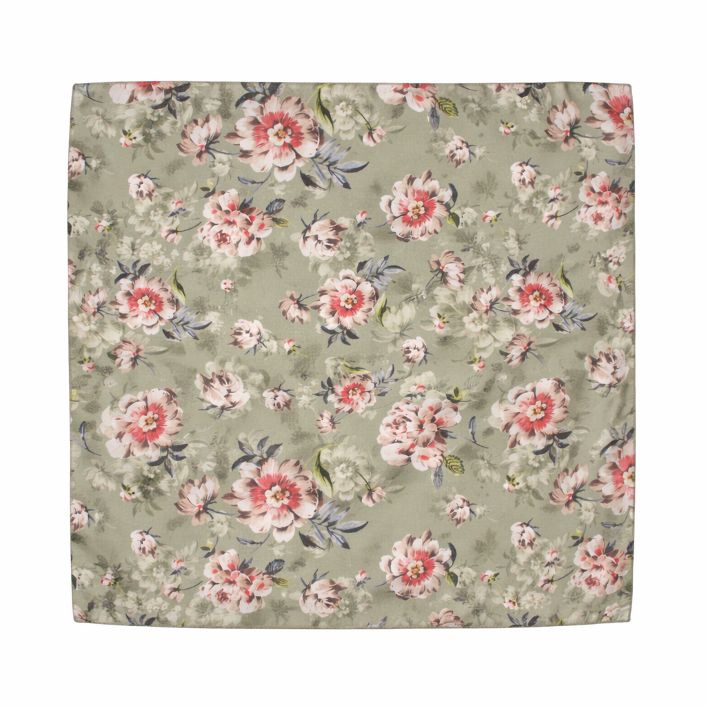 Basil Green Floral Printed Scarf With Pocket Square