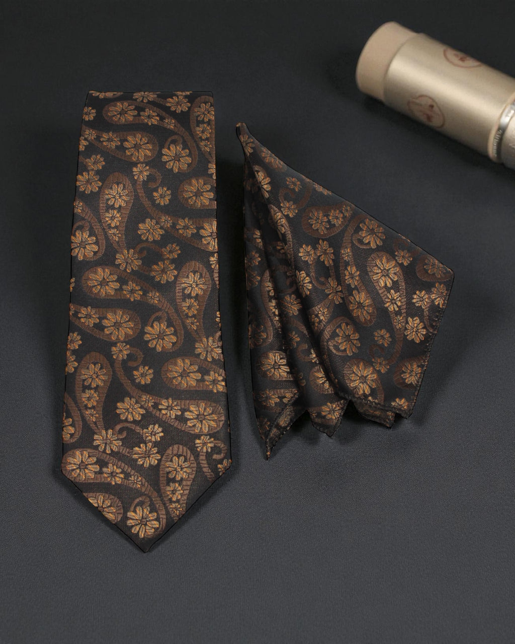 Light Brown & Gold Paisley Tie & Pocket Square