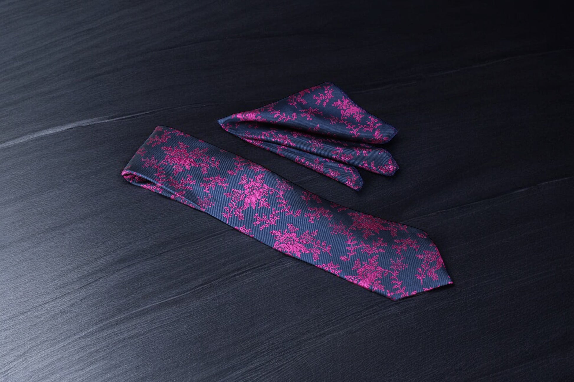 Artistic Blue & Magenta Floral Tie & Pocket Square