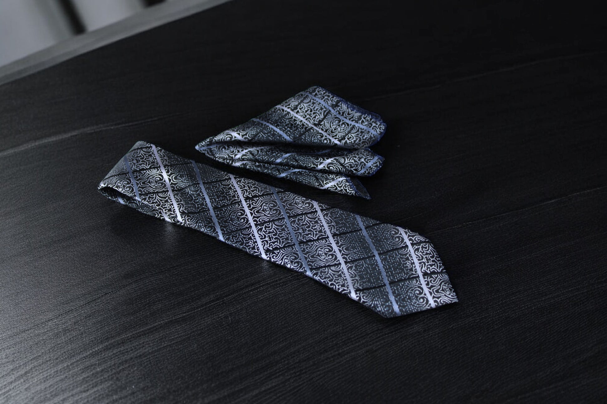 Black & Silver Floral Plaid Tie & Pocket Square