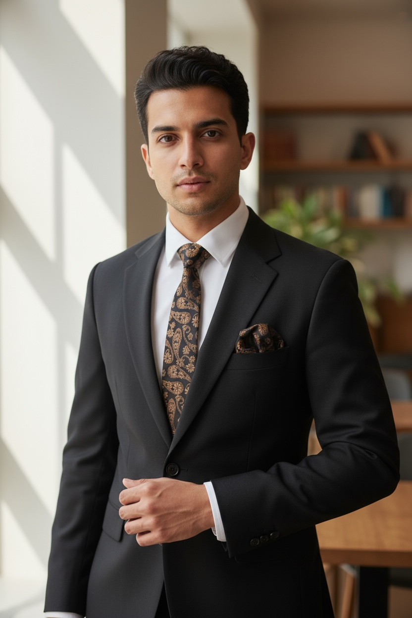 Light Brown & Gold Paisley Tie & Pocket Square