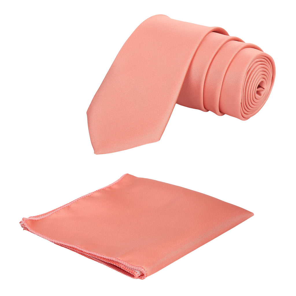 A pink solid necktie with a matching pocket square, displayed on a white background.