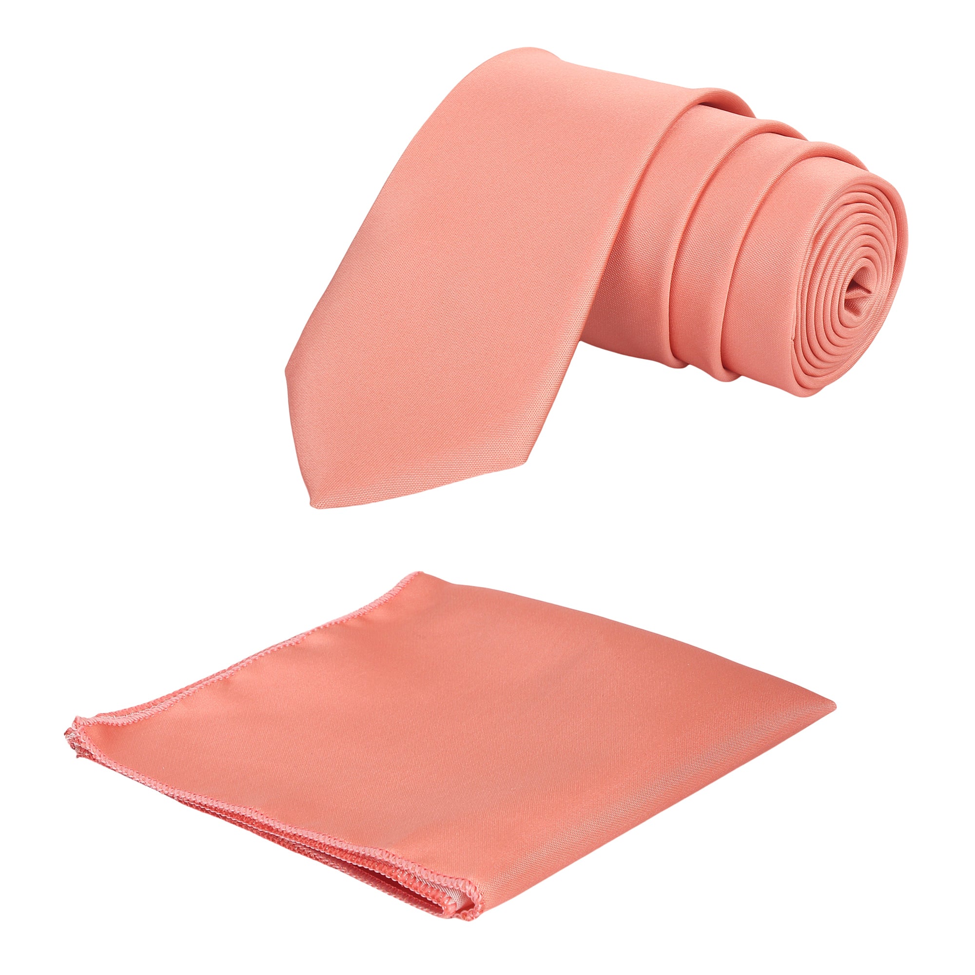 A pink solid necktie with a matching pocket square, displayed on a white background.
