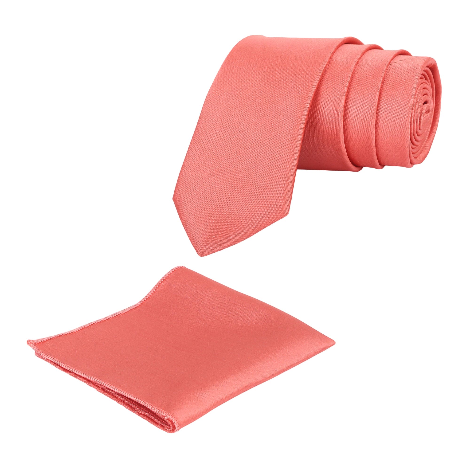 A solid pink necktie with a matching pocket square, displayed on a white background.