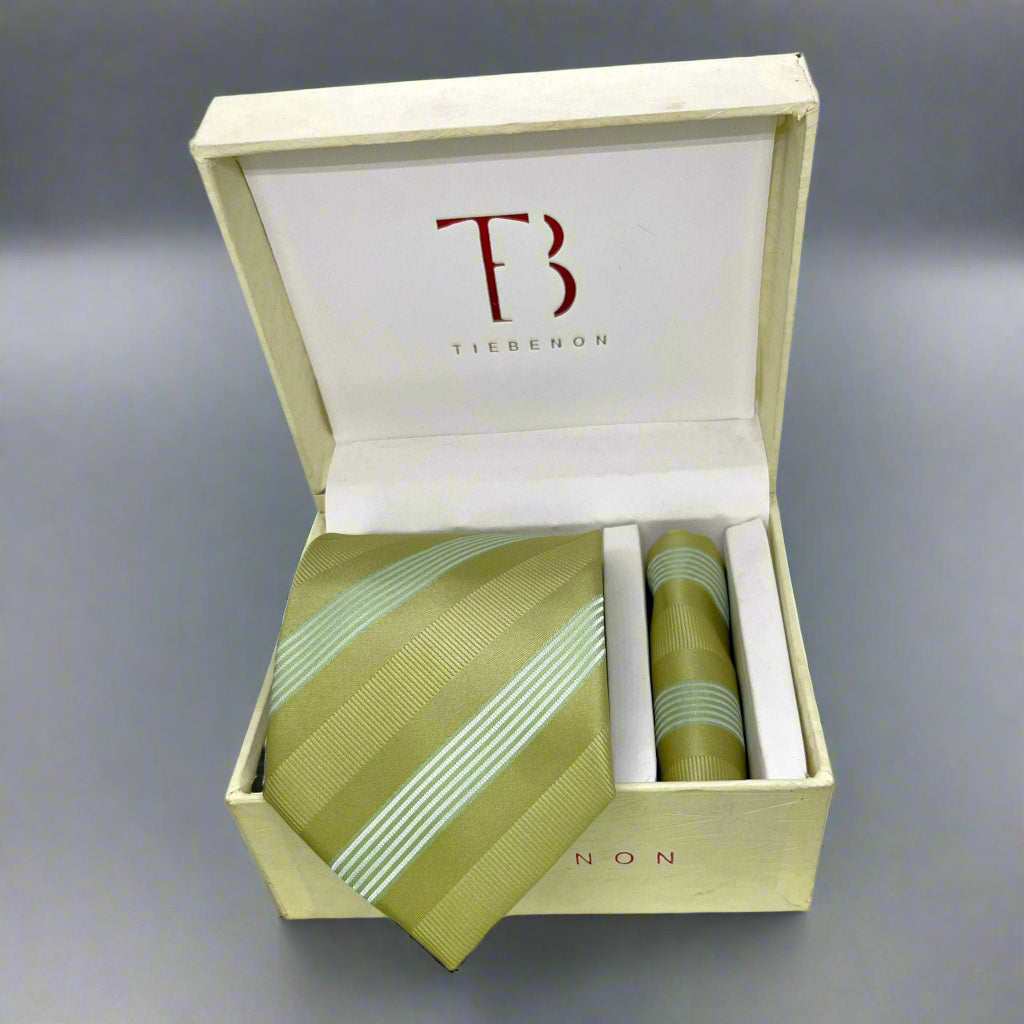 Green Stripe Tie And Pocket Square Combo