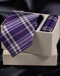Purple plaid tie and pocket square set in a box on a dark background Tie Benon