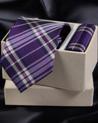 Purple plaid tie and pocket square set in a box on a dark background Tie Benon