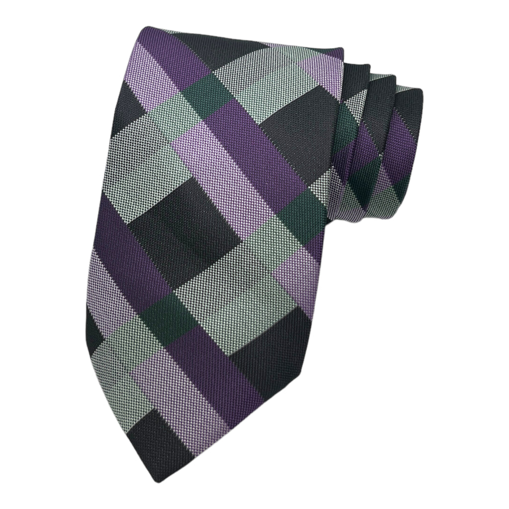 A purple and green plaid necktie and matching pocket square combo.