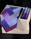 Purple & Blue Hues Premium Microsilk Geometric Patchwork Tie & Pocket Square Set