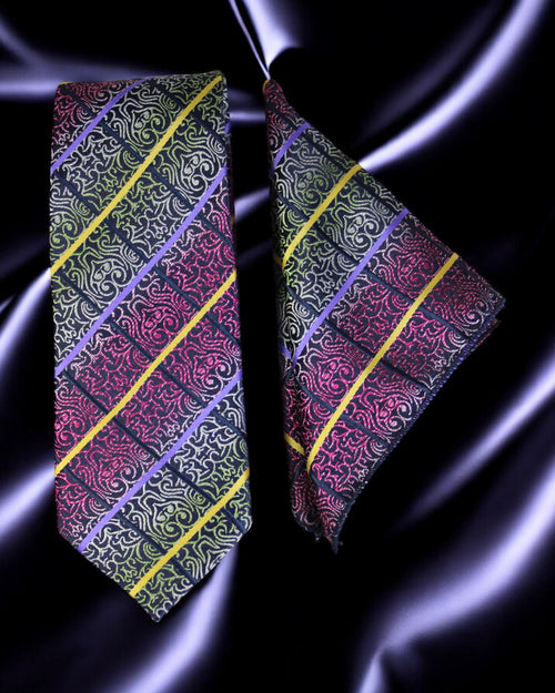 Purple & Green Swirls Premium Microsilk Abstract Pattern Tie & Pocket Square Set