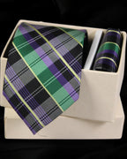 Purple & Green Tartan Premium Microsilk Plaid Tie & Pocket Square Set