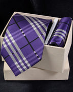 Purple plaid tie and matching pocket square in a white box on a black background Tie Benon