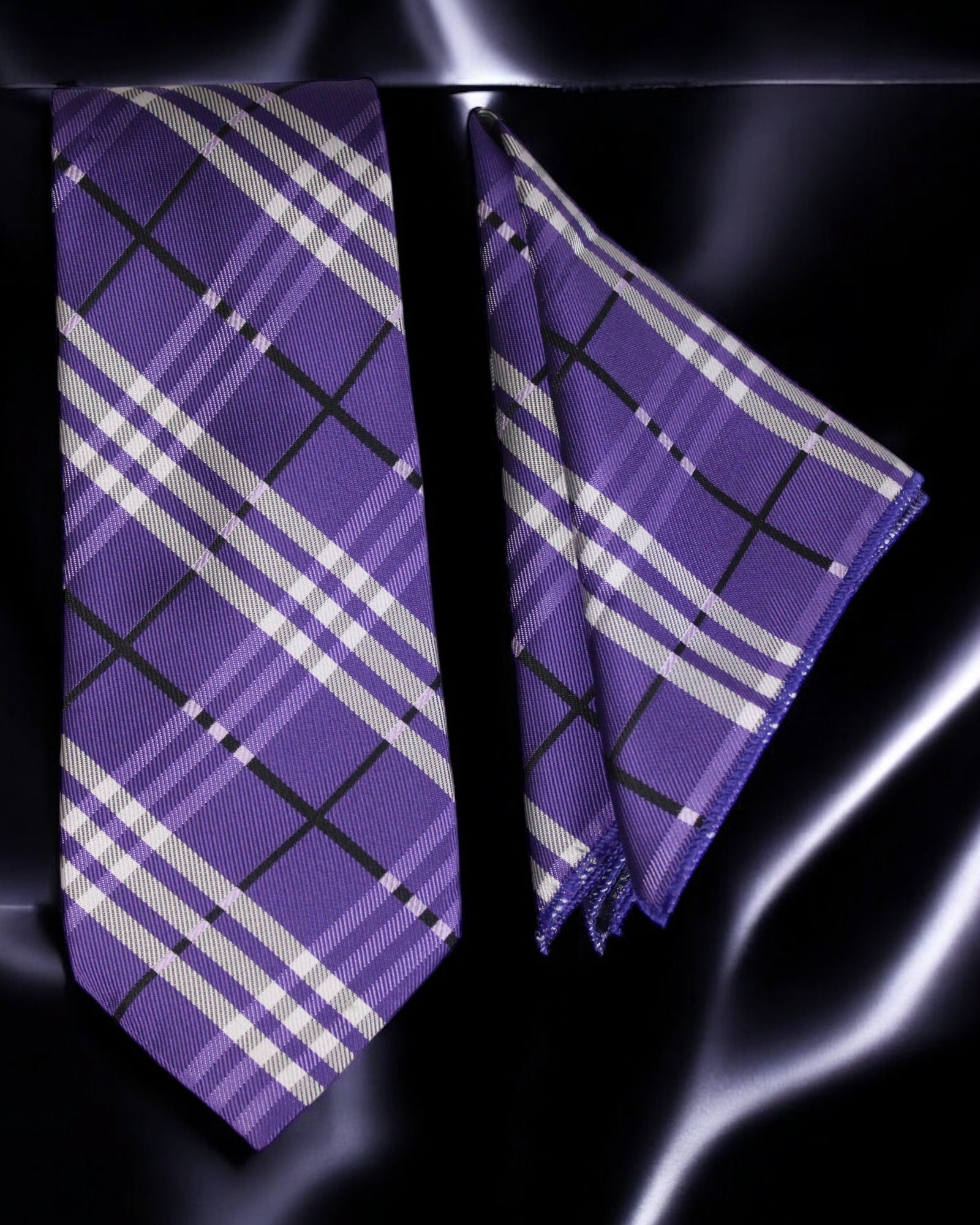 Purple plaid tie and matching pocket square on a dark background Tie Benon