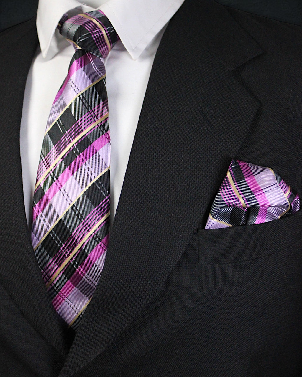 Plaid tie and pocket square set on a black suit jacket Tie Benon