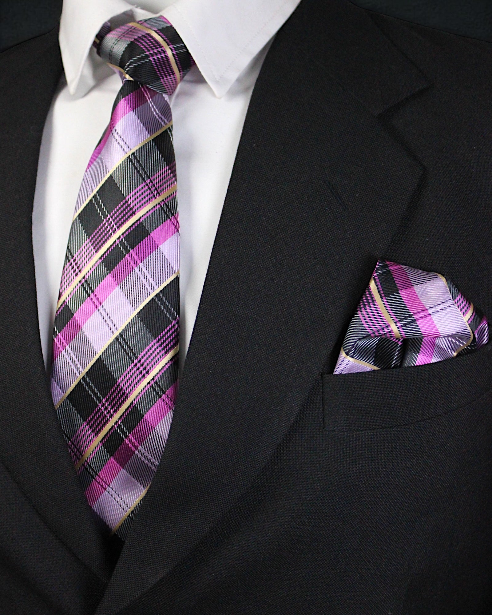 Plaid tie and pocket square set on a black suit jacket Tie Benon