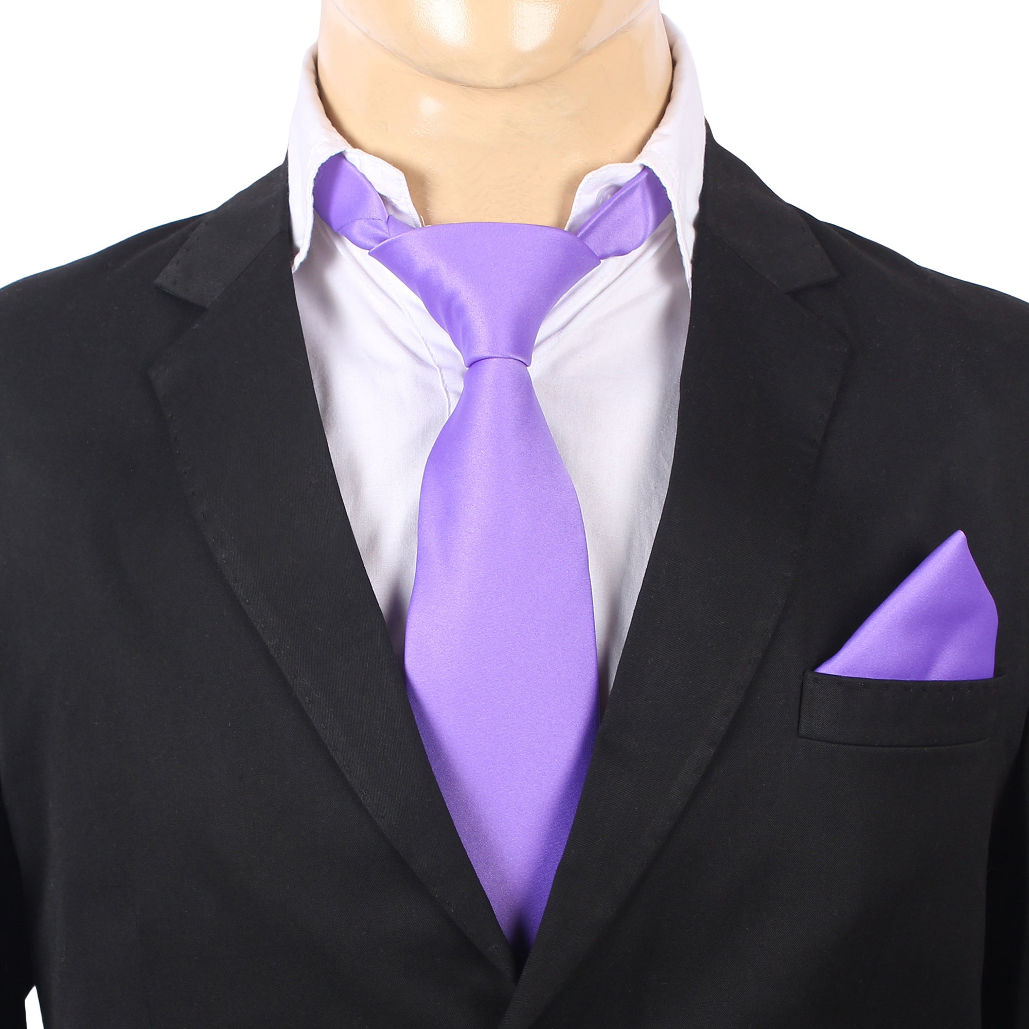 A mannequin wearing a black suit and a deep purple necktie with a matching pocket square.