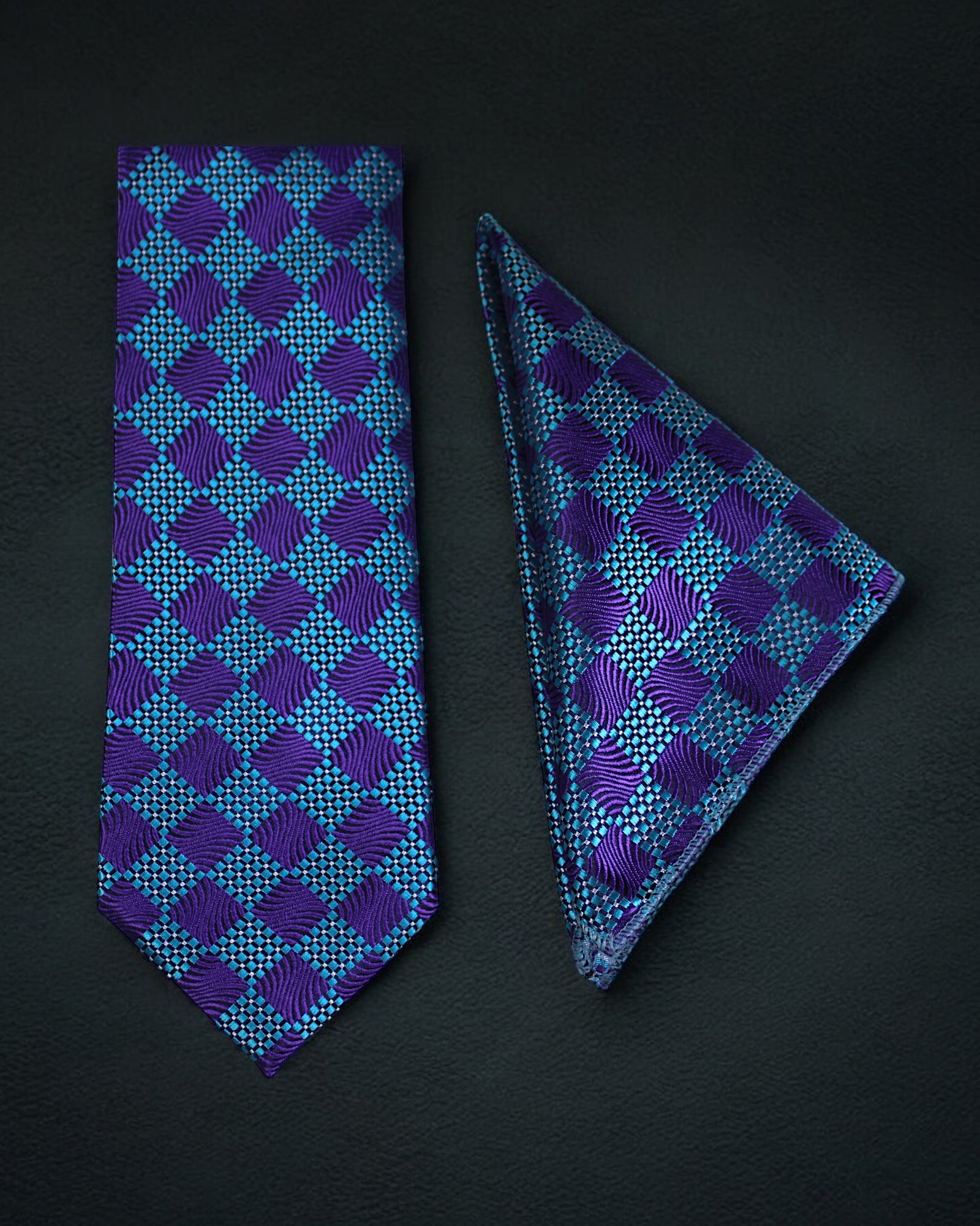 Blue and purple patterned tie and pocket square on a black background Tie Benon