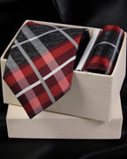 Plaid tie and pocket square set in a white box on a black background Tie Benon