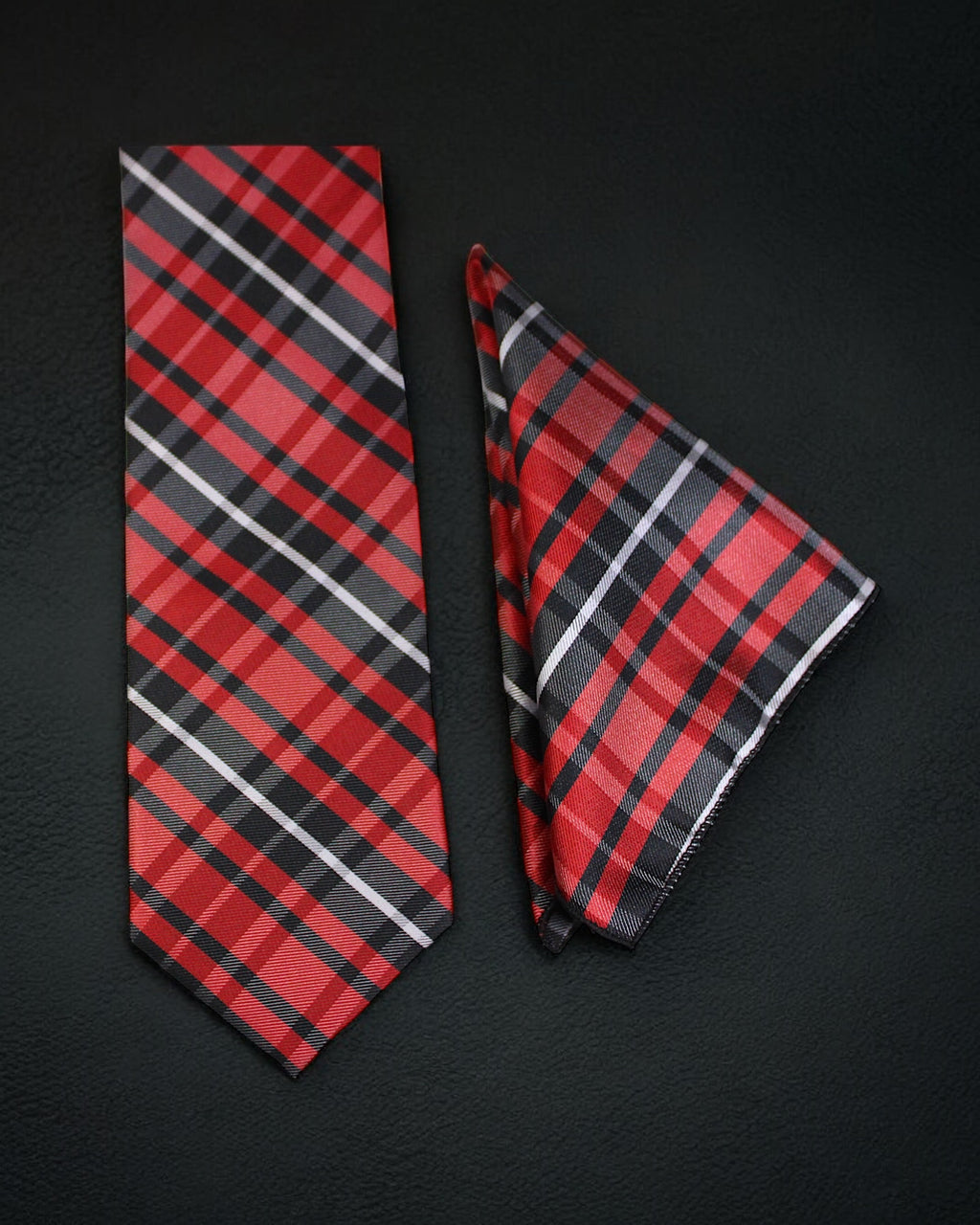 Red and black plaid tie and pocket square on a dark background Tie Benon