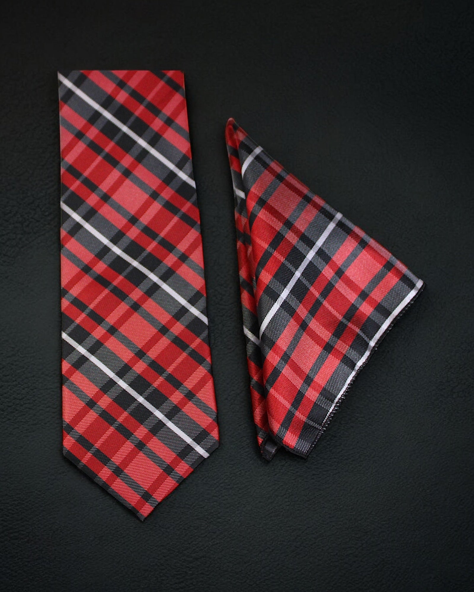 Red and black plaid tie and pocket square on a dark background Tie Benon