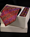 Colorful patterned tie and matching pocket square in a white box on a black background Tie Benon
