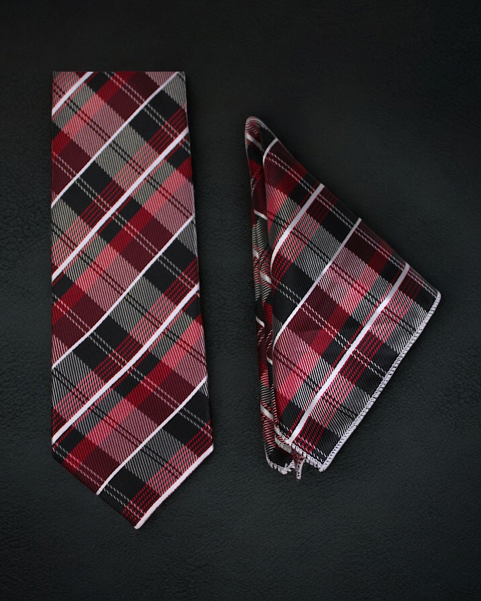 Plaid tie and pocket square set on a black background Tie Benon
