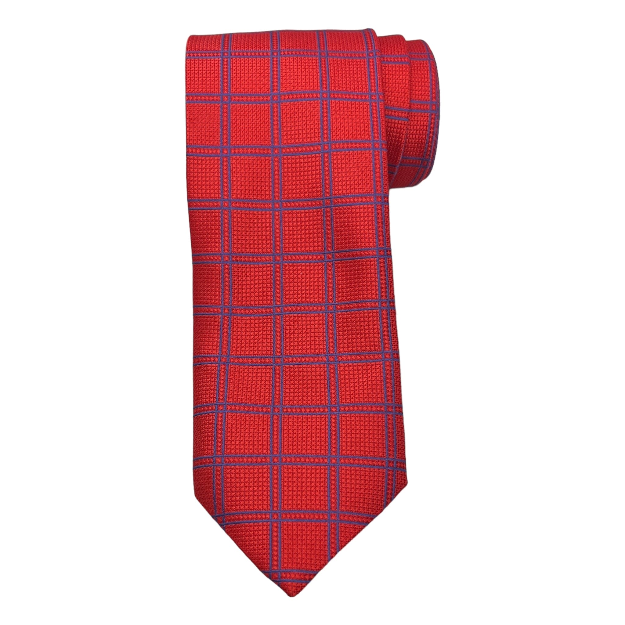 A red necktie with a checkered pattern, displayed in a classic folded position.