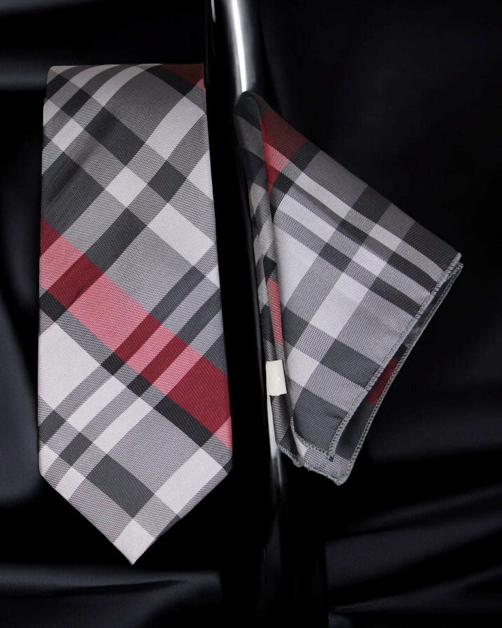 Plaid tie and pocket square set on a black background Tie Benon