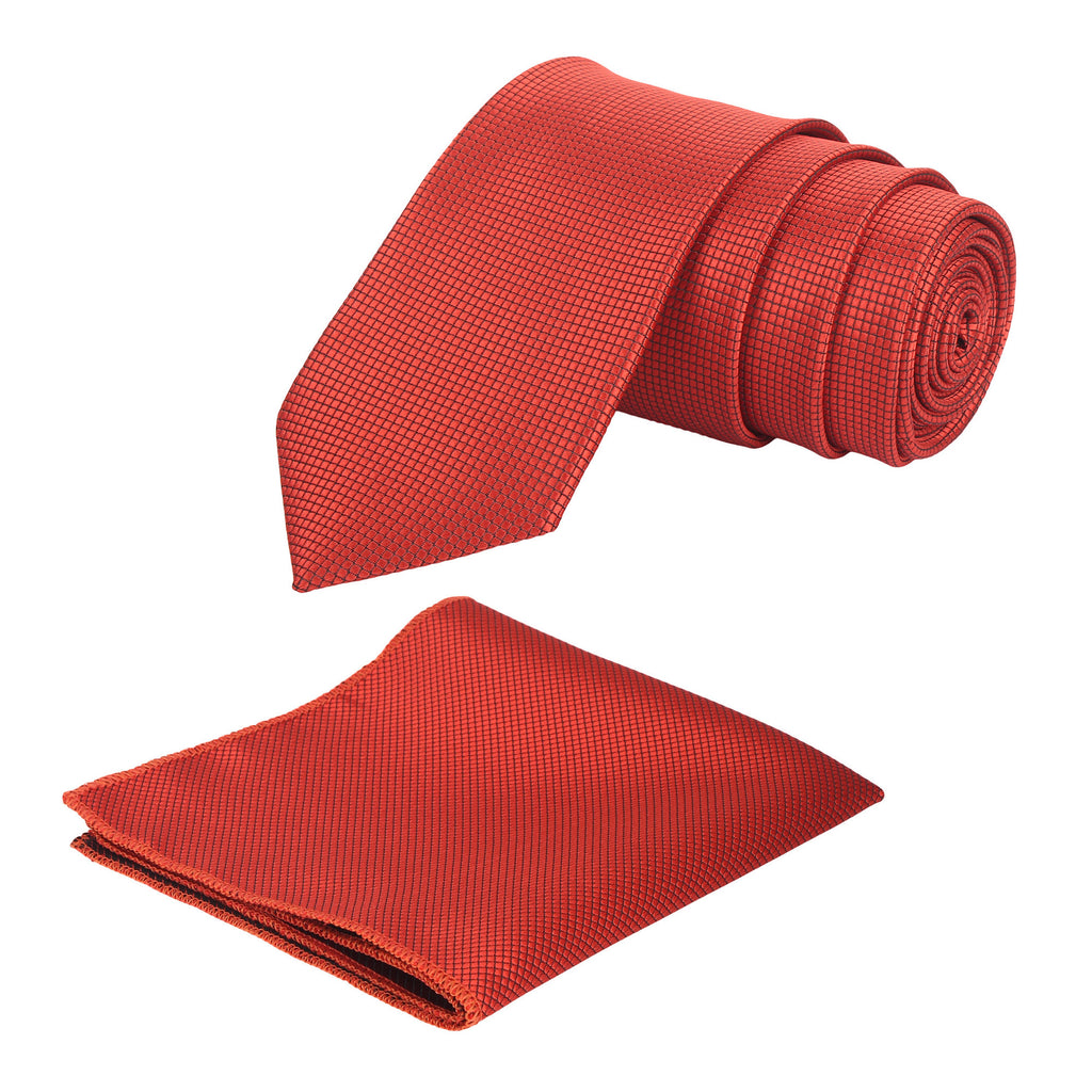 A red self-squared necktie with a matching pocket square, both laid out on a white background.
