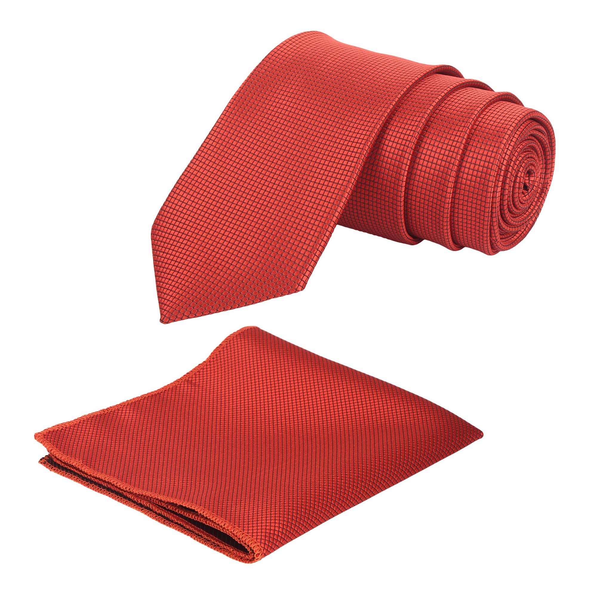 A red self-squared necktie with a matching pocket square, both laid out on a white background.