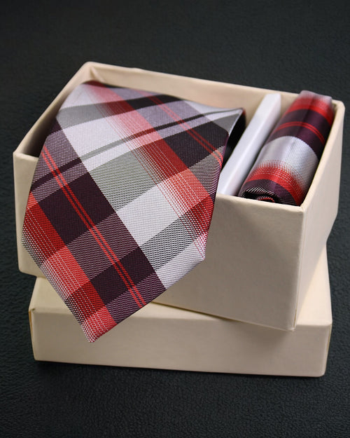 Plaid tie and pocket square set in a box on a dark background Tie Benon