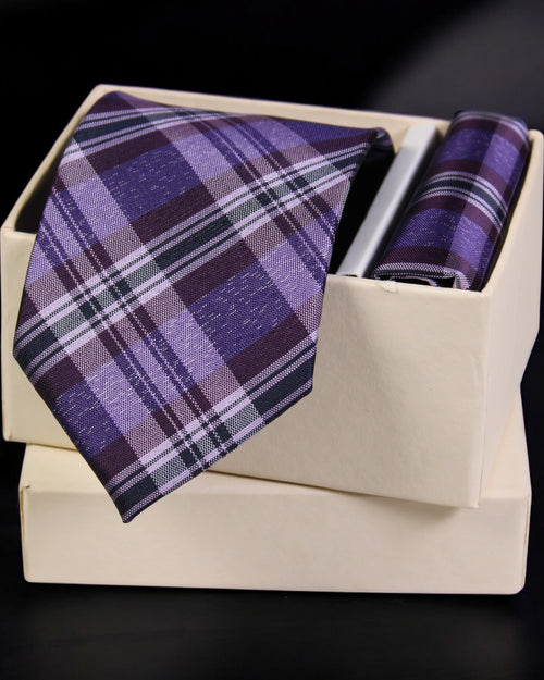 Royal Purple Tartan Premium Microsilk Plaid Tie & Pocket Square Set