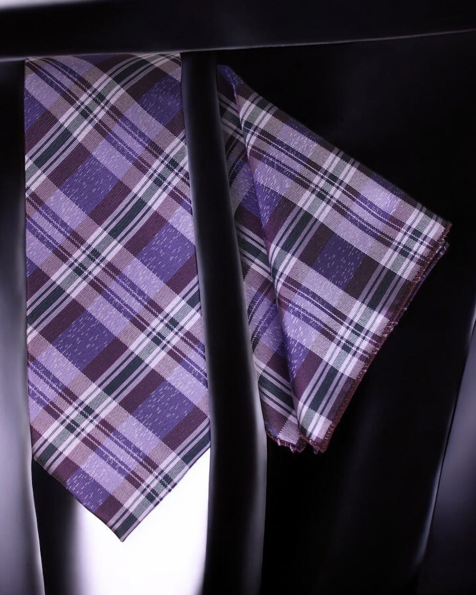 Purple plaid tie and pocket square on a dark background Tie Benon