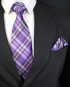Black suit with a purple plaid tie and matching pocket square Tie Benon