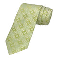 A sage green microsilk tie with an intricate geometric pattern, rolled up with a matching pocket square.