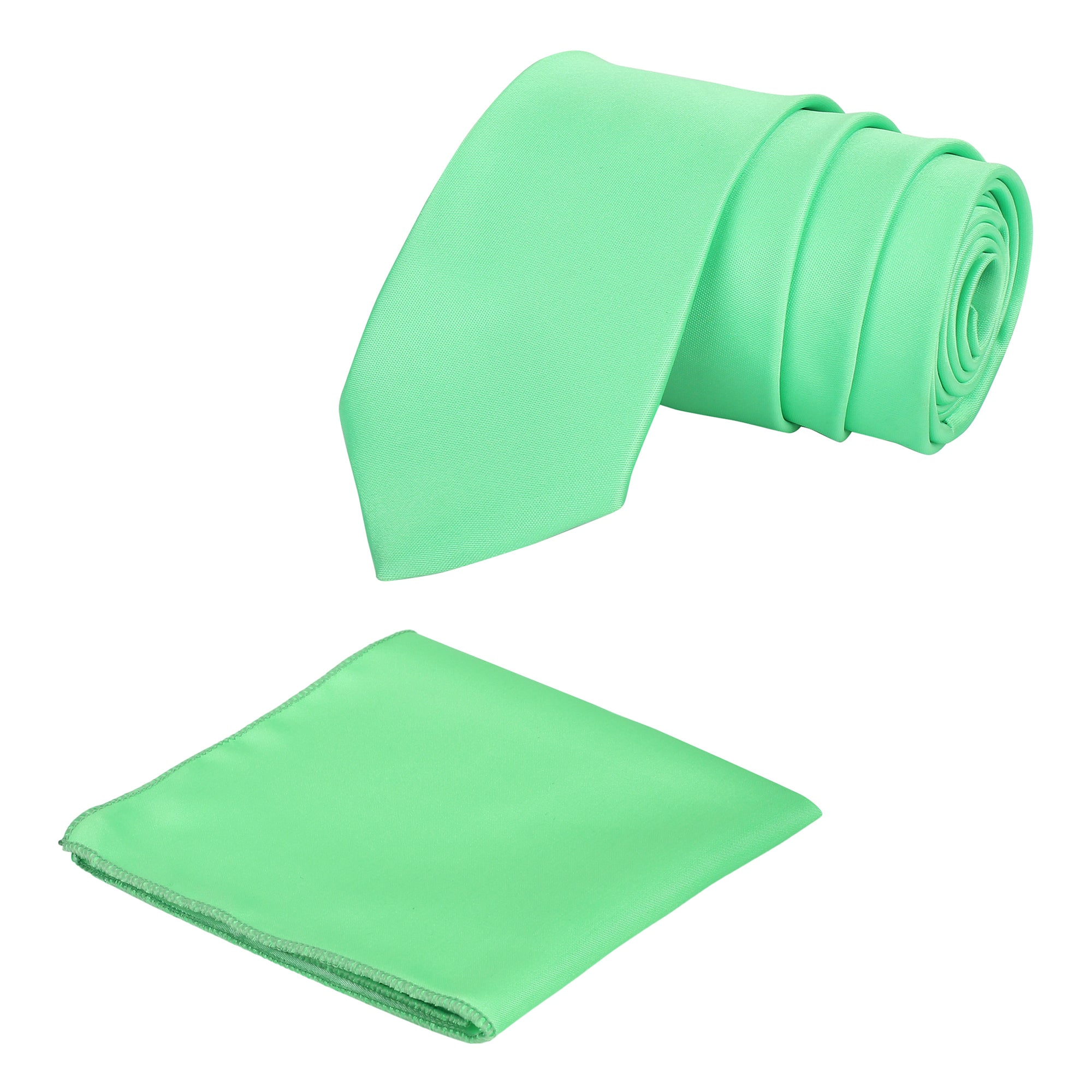 A sea green solid necktie with a matching pocket square, both laid out on a white background.