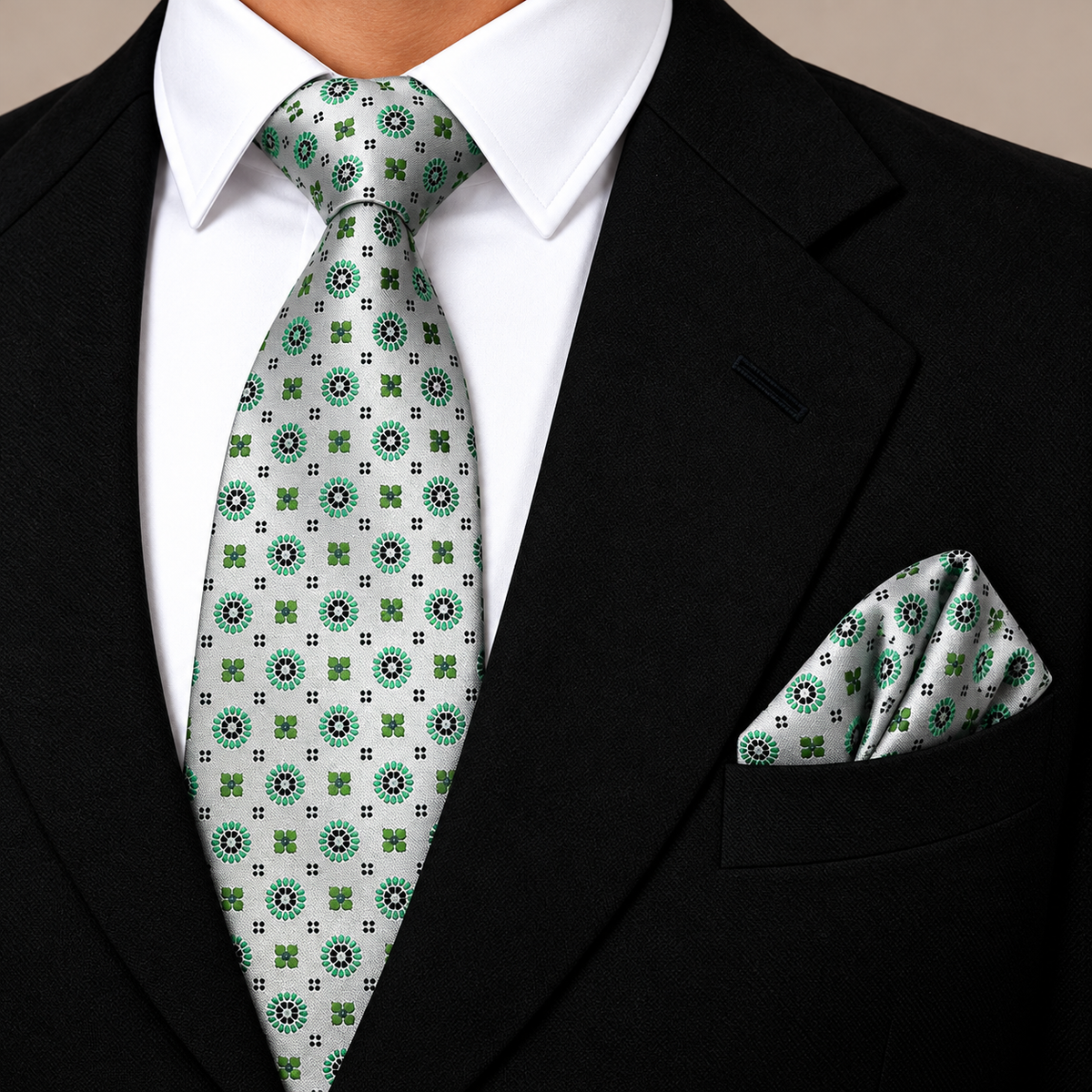 Silver & Green Geometric MicroSilk Necktie Set with Pocket Square