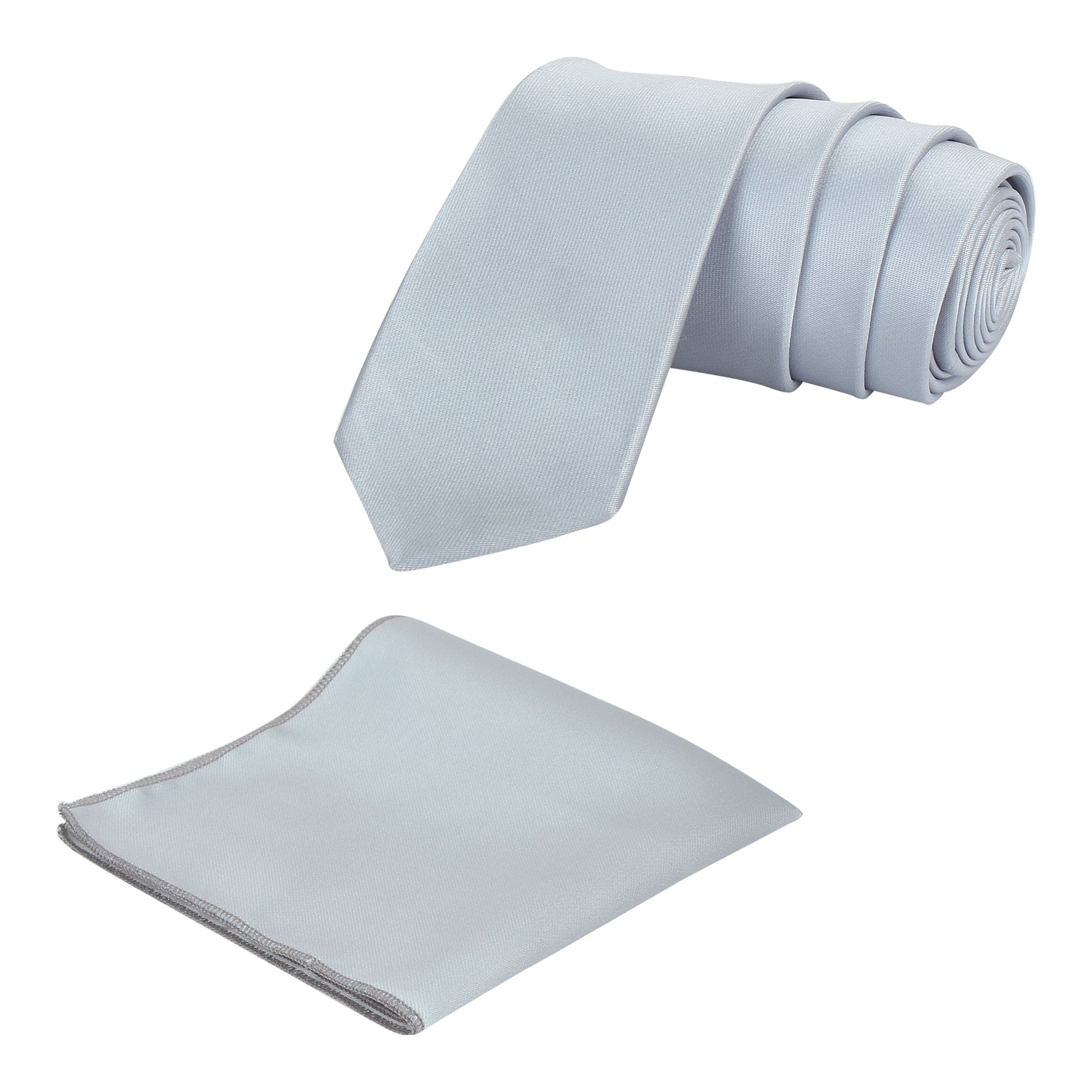 A silver solid necktie with a matching pocket square, displayed on a white background.