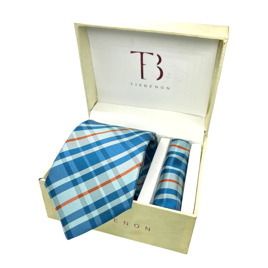 A sky blue plaid tie and matching pocket square combo by Tie Benon, presented in an open white box with the brand's logo.