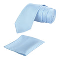 A sky blue solid necktie with a matching pocket square, both laid out on a white background.