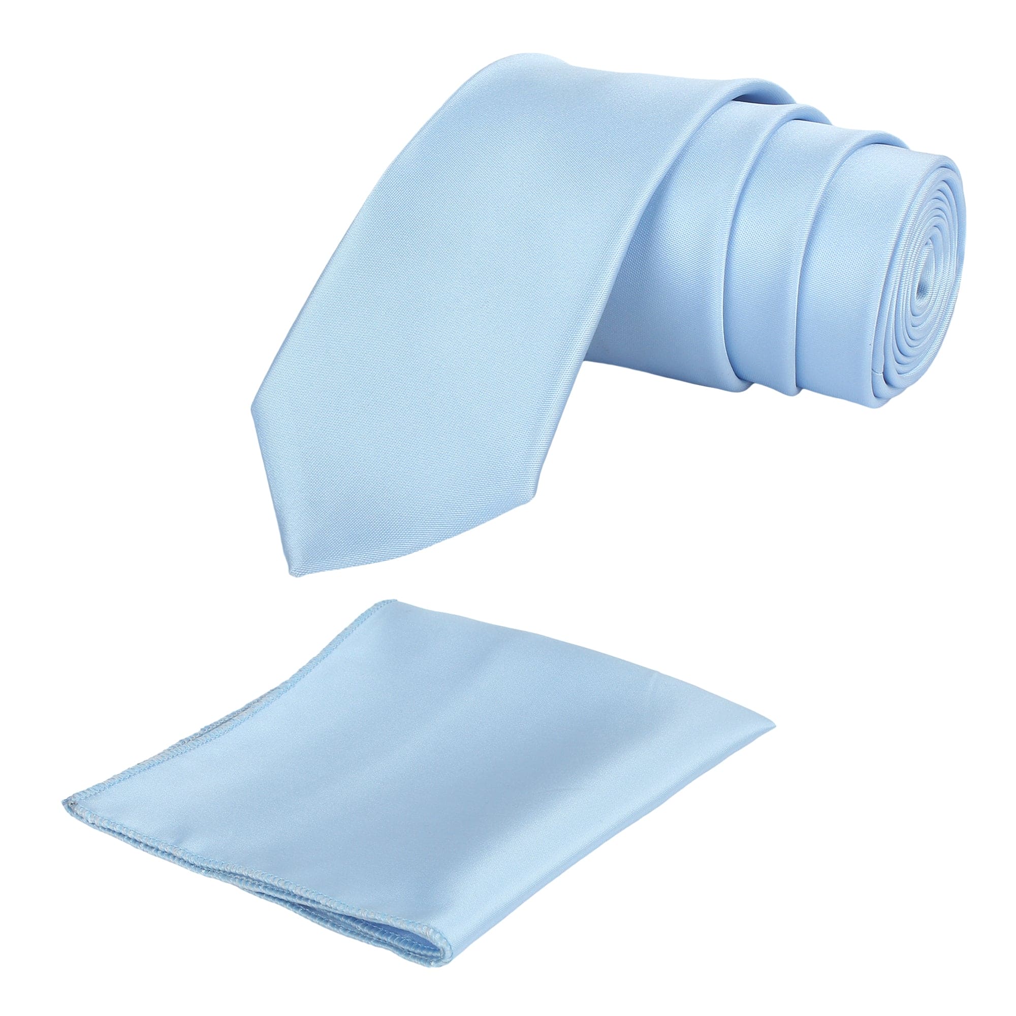 A sky blue solid necktie with a matching pocket square, both laid out on a white background.