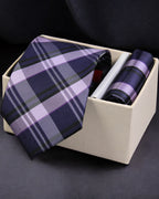 Plaid purple tie and pocket square set in a box on a dark background Tie Benon