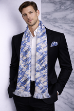 Grey And Blue Abstract  Printed Scarf With Pocket Square